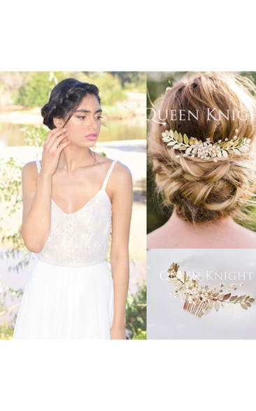 Spaghetti Chiffon Pleated Backless Ankle-Length Dress and Western Style Wind Pearl Rhinestone Gold Leaf Hair Comb