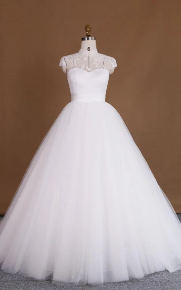 Ball Gown High Neck Cap Sleeve Lace Satin Dress With Appliques Illusion
