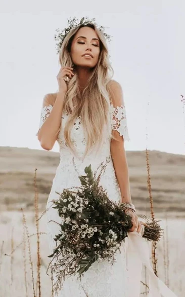 Vintage Country Mermaid Boho Lace Wedding Dress Rustic Cowgirl Off-the-Shoulder Long Bridal Gown with Train