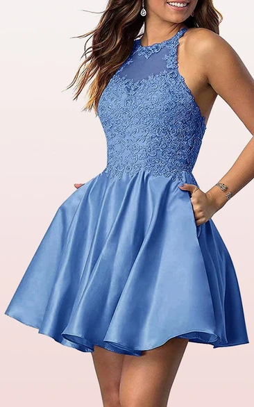 Blue Lace Beaded Sash Sleeveless Fashion Homecoming Dresses,HD0014 –  AlineBridal