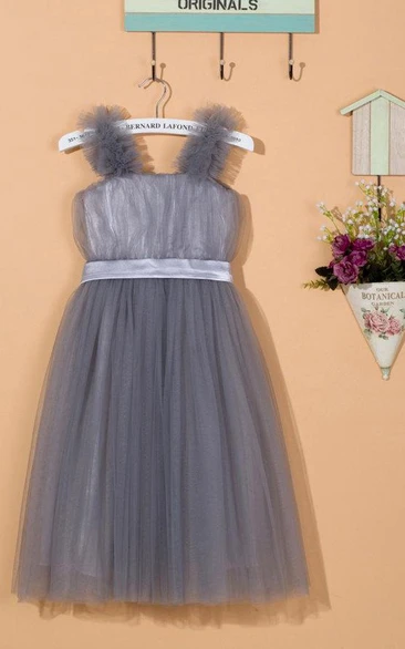 Ruffled Strapped Tulle&Satin Dress With Flower
