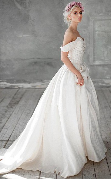 Off-Shoulder A-Line Taffeta Wedding Dress With Ruching and Beading