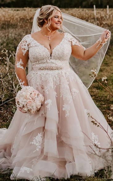 Romantic Plus Size Brush Train Long Sleeve Lace A Line Wedding Dress with Tiers