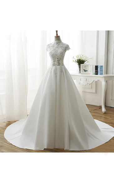Appliqued Ball Gown Illusion Wedding Dress With High Neck And Beadings
