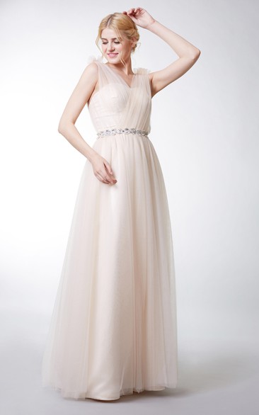 Floral Strap V-neck Tulle Gown With Ruching