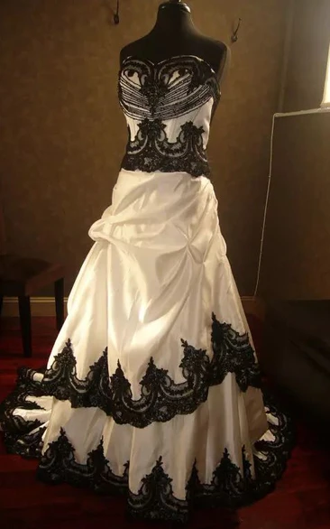 A-Line Straps Taffeta Lace Floor-length Chapel Train Sleeveless Wedding Dress with Corset Back