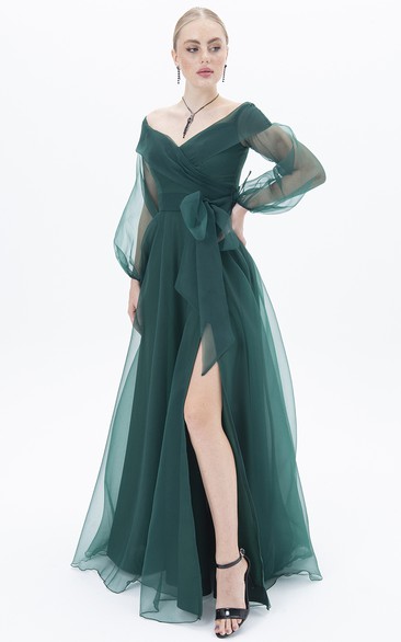 Modern A Line Chiffon Floor-length Long Sleeve Prom Dress with Split Front