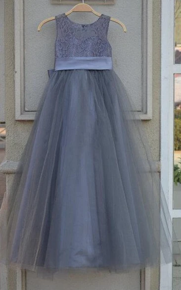 Lace Bodice Tulle Dress With Satin Bow Belt