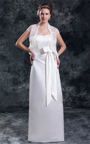 satin sheath floor-length dress with lace jacket and ribbon