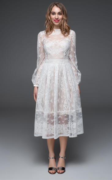 Romantic High Neck A Line Lace Tea-length Wedding Dress with Appliques