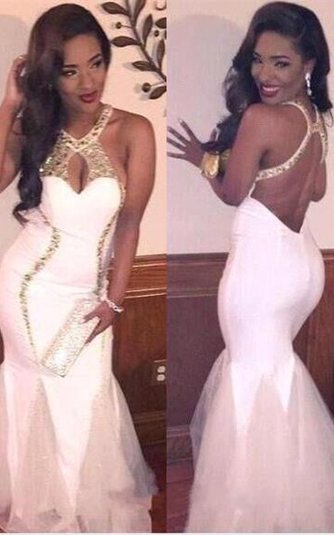 Designer White Halter Sleeveless Prom Dress Mermaid Gold Beads