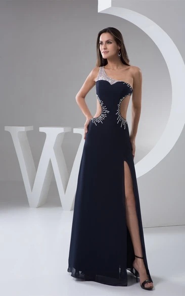 One-Shoulder Beaded Sheath Dress with Keyhole and Front Slit