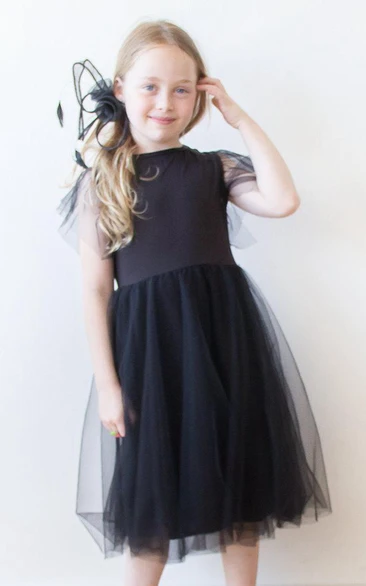 Illusion Short Sleeve Knee Length Tulle Little Girl Dress
