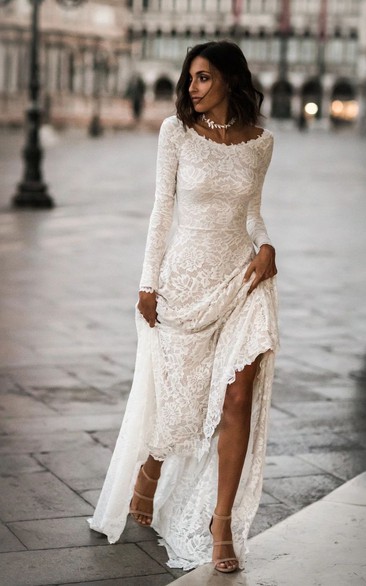 Elegant Lace Sheath Long Sleeves Bridal Gown with Low-V Back