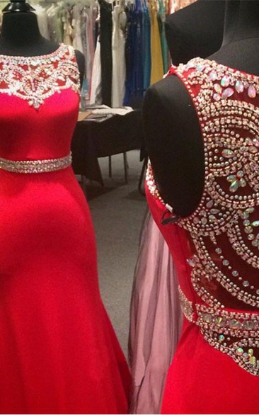 Modern Red Crystals Mermaid Prom Dress Illusion Sleeveless