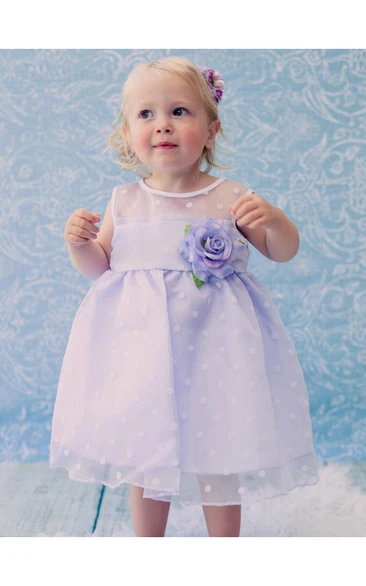 Sleeveless Jewel Neck Organza Polka-Dot Baby Dress With Flower Belt