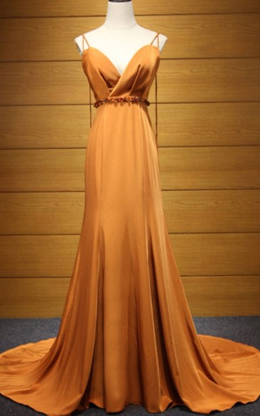 Modern Jersey Sleeveless Court Train A Line Straps Prom Dress with Ribbon