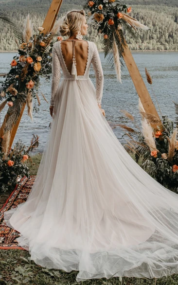 Casual A-line Tulle Wedding Dress With Illusion Long Sleeves And Open 