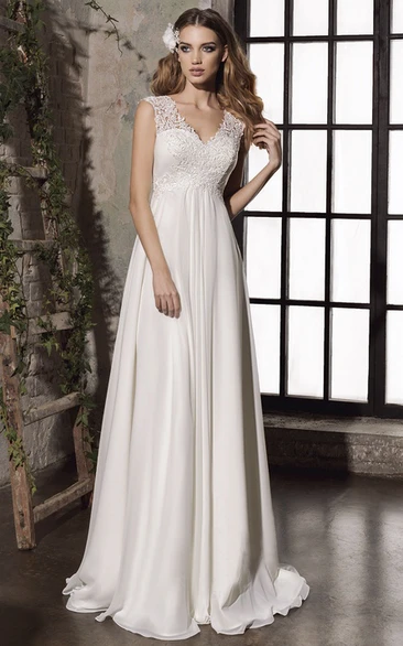 Elegant Sheath Empire Lace Appliqued Bridal Gown With Keyhole And Corset Back