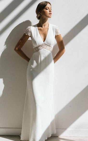 Simple Sheath Empire Floor-length Sweep Train Chiffon V-neck Short Sleeve Wedding Dress