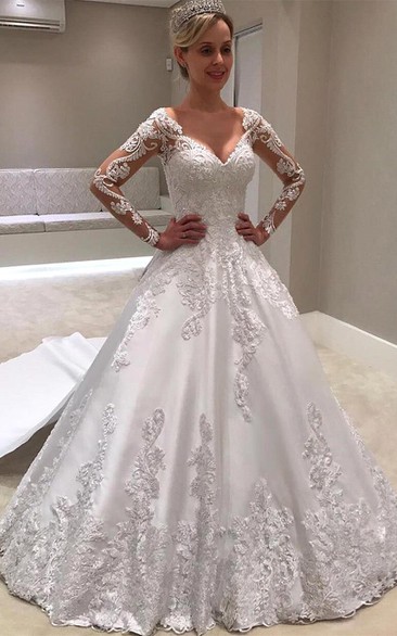 Court Train Ball Gown V-neck Satin Wedding Dress with Appliques