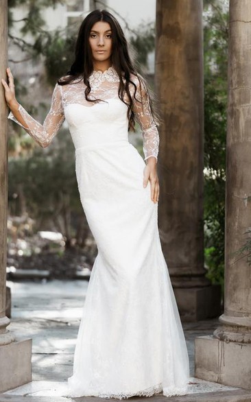 Modest Lace High Neck Mermaid Sheath Long Sleeve Wedding Dress with Keyhole
