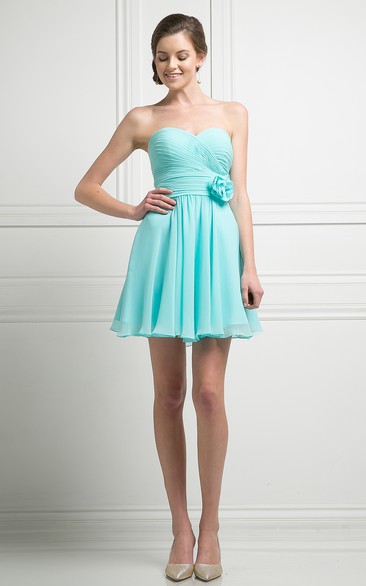 A-Line Short Sweetheart Chiffon Corset Back Dress With Criss Cross And Flower