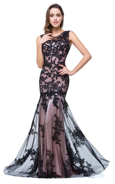 Glamorous Sleeveless Lace Mermaid Evening Dress Tulle Long Prom Gown