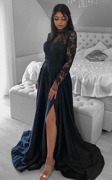 Elegant High Neck A Line Satin Prom Dress with Split Front