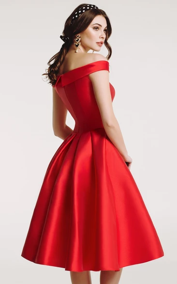 Red Vintage Satin Off the shoulder A Line Sleeveless Homecoming Dress with Pleats and Zipper June Bridals