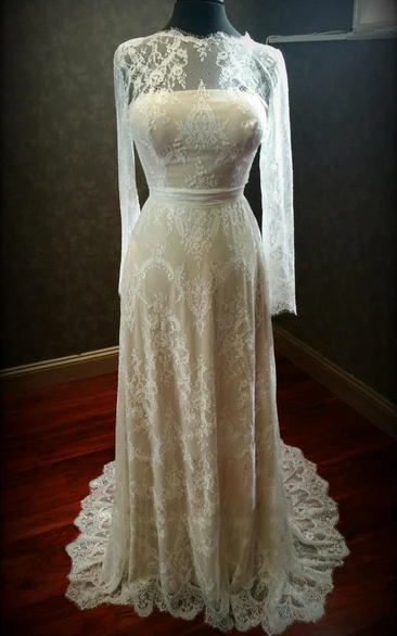 Nude And Ivory Lace Stretch Wedding With Long Sleeves Dress