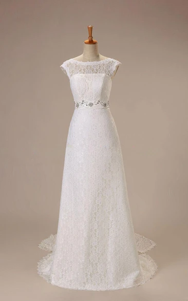 Elegant Long A-Line Lace Wedding Dress With Beaded Belt