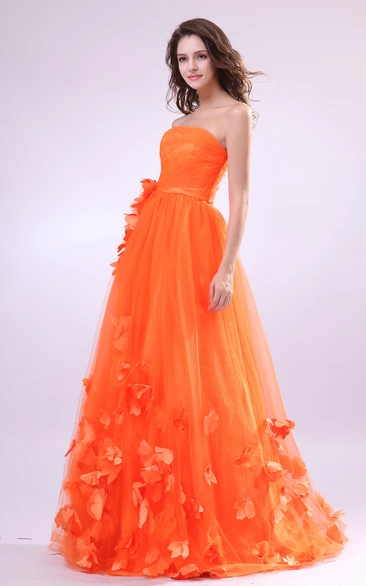 Floral Empire Strapless A-Line Dress With Soft Tulle