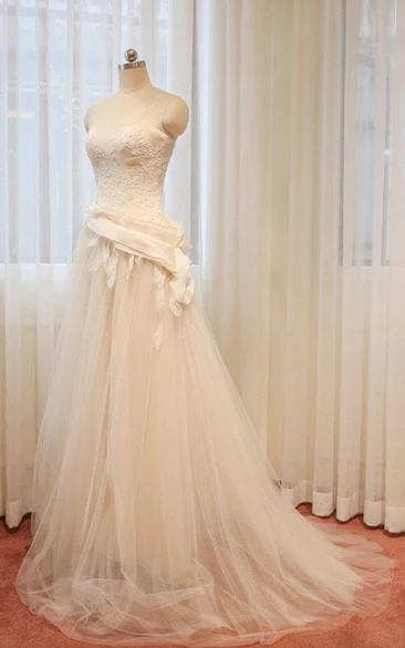 A-Line Long Straps Sleeveless Bell Appliques Zipper Straps Keyhole Tulle Lace Satin Dress