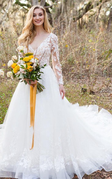 Bohemian A Line Floor-length Court Train Lace Tulle V-neck Long Sleeve Wedding Dress