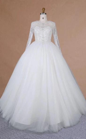 Ball Gown Long Sleeve Tulle Satin Dress With Beading Keyhole Back