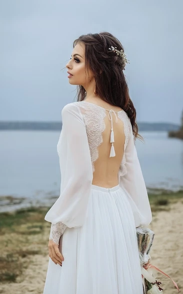 Beach Modest Simple Boho A-Line Wedding Dress Western Floral Lace Cuffs Poet Long Sleeve Backless Bridal Gown