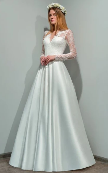 Modern A Line Floor-length Long Sleeve Satin Wedding Dress with Appliques