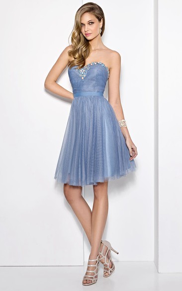 A-Line Mini Sweetheart Ruched Sleeveless Tulle Prom Dress With Beading And Pleats