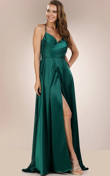 Simple A Line Satin Brush Train Sleeveless Prom Dress with Split Front
