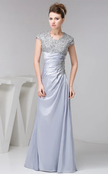 Caped-Sleeve Ruched Sheath Dress with Jewels and Appliques