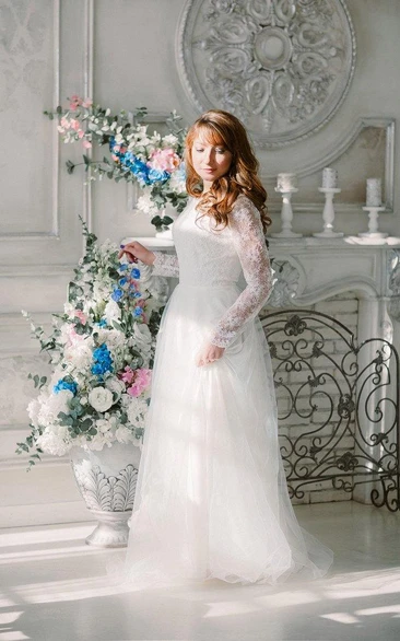 Tulle Long Sleeve Floor-Length Lace Illusion Dress