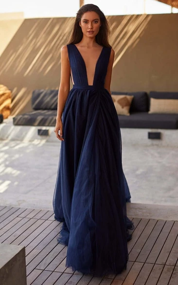 Tulle Simple A Line Sleeveless Prom Dress with Split Front
