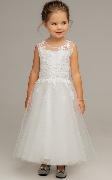Modern Bateau Sleeveless Ankle-length Tulle A Line Flowergirl Dress with Ruching