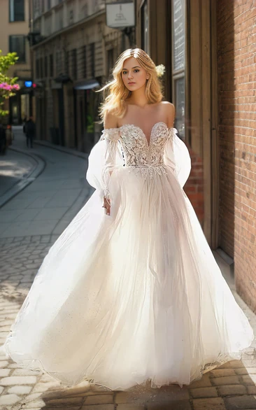 Bohemian Halter Floor-length Tulle Garden Wedding Dress with Puff Long Sleeve