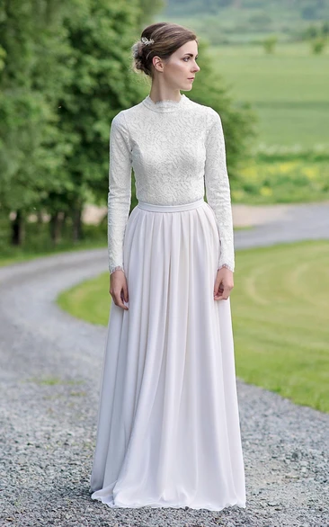 Modest Lace and Chiffon Jewel-Neck Long-Sleeve sheath Bridal Gown