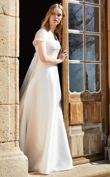 Simple A Line Square Neck Satin Wedding Dress With Ruching And Button Back