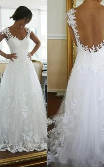 A-line Princess Scoop Applique Chapel Train Lace Wedding Dress