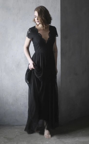 Black Scalloped V-neck Chiffon Wedding Dress With Lace Appliques Short Sleeve And Illusion Back