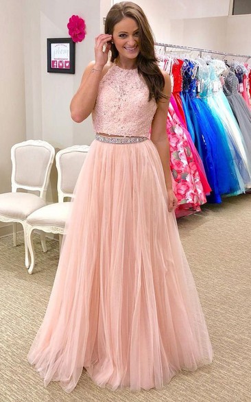 Fashion Two Pieces Halter Lace Long Evening Prom Dress